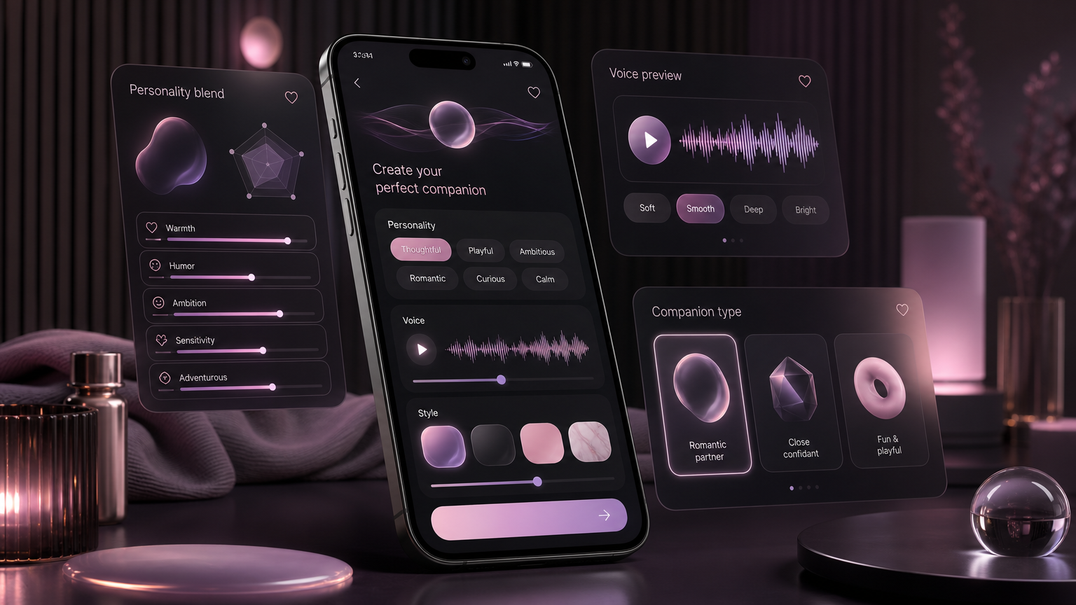 Elegant app onboarding scene for customizing an AI boyfriend or girlfriend with personality, voice, and style controls