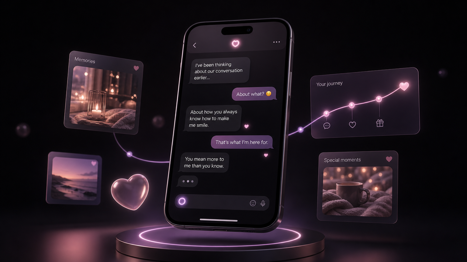 Premium dark mobile interface with soft lavender and pink light showing an intimate AI companion conversation