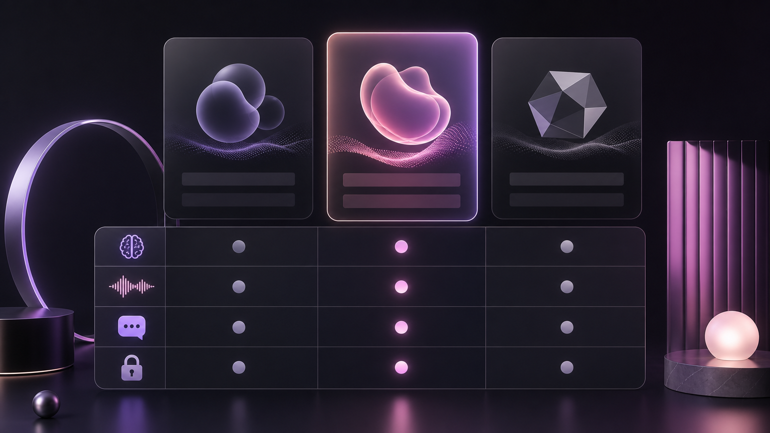 Premium comparison dashboard for AI companion apps showing memory, voice, and messaging features in a dark editorial style